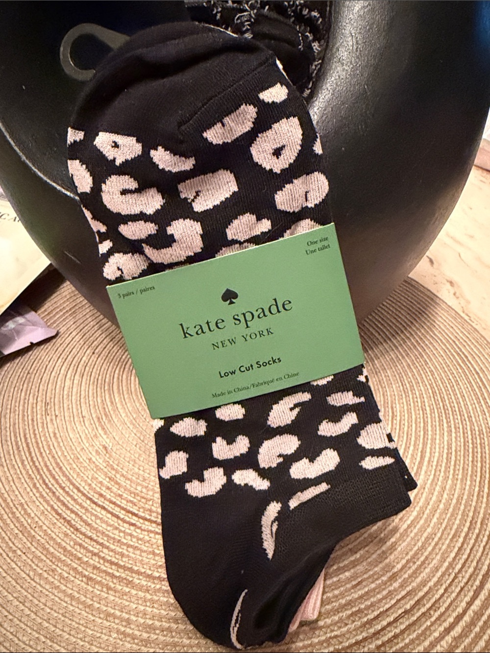 kate spade Black Low-Cut Socks with Cream Leopard Spots, Pink & Grey 3 pairs